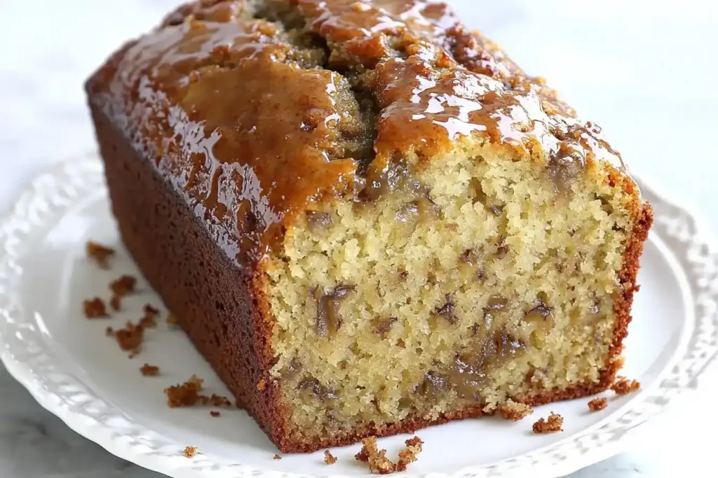 Close Up Of 4 Ingredient Banana Bread Slices Displaying Moist Interior And Golden Crust.