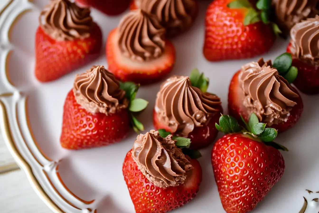 Close Up Of Chocolate Cheesecake Deviled Strawberries With Chocolate Filling