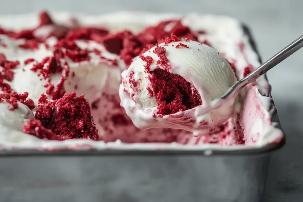 Close Up Of Red Velvet Cake Ice Cream Being Made