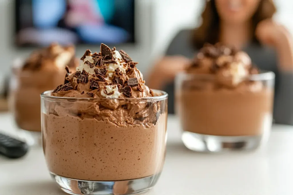 Comparison Chart Showing Nutritional Values Of Traditional Mousse Vs Cottage Cheese Mousse, Alongside A Woman Eating Dessert During A Tv Binge.