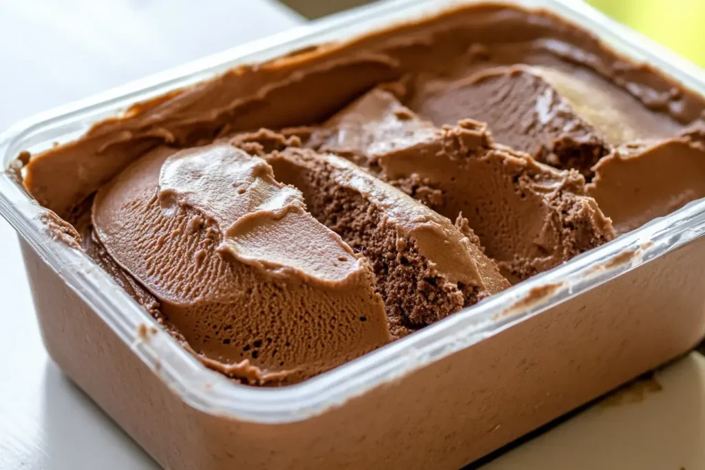 Container Filled With Layered Chocolate Mousse Topped For Meal Prep Storage In A Bright Kitchen Environment