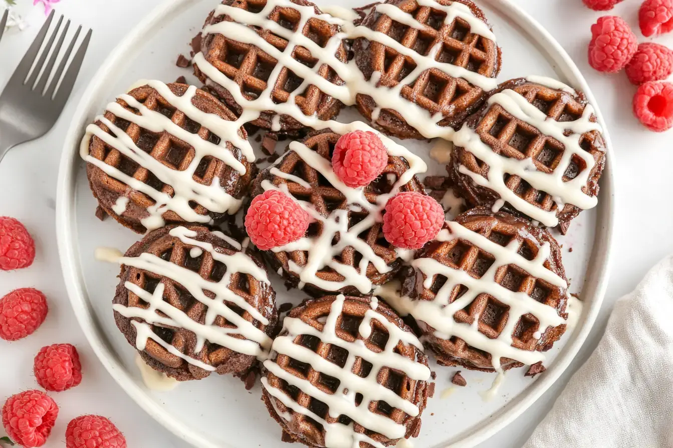 mini cinnamon roll waffles with glaze and berries on marble