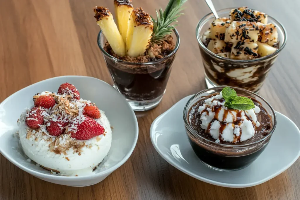 Cottage Cheese Chocolate Mousse Served With Toasted Coconut Flakes, Macerated Strawberries In Balsamic Glaze, Grilled Pineapple Rings, And Cold Brew Granita Glasses