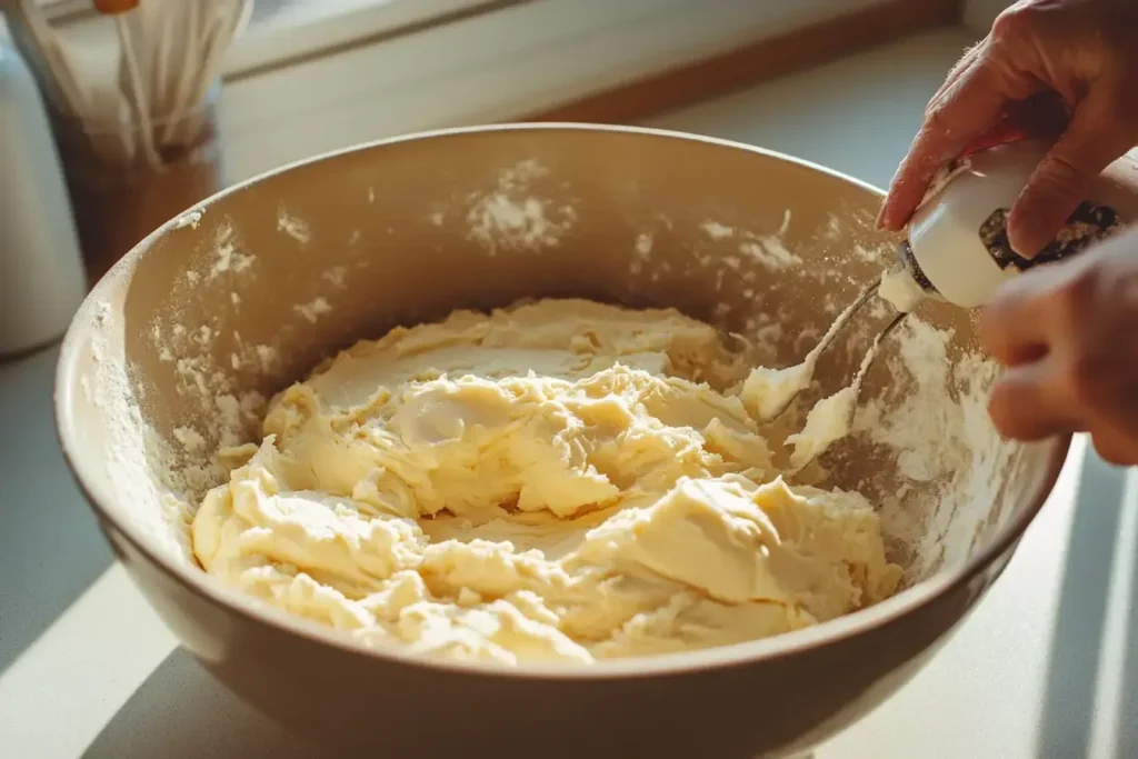 Creaming Softened Butter And Brown Sugar Together In A Vintage Mixing Bowl