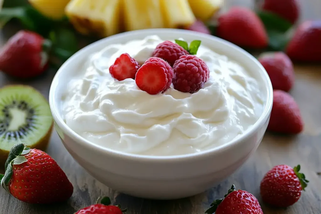 Creamy Yogurt Fruit Dip In A White Bowl Surrounded By Fresh Strawberries, Pineapple, And Kiwi, With A Drizzle Of Honey.