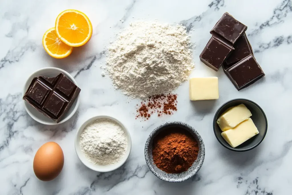 Display Of Key Ingredients For Babka Cookies On A Marble Countertop.