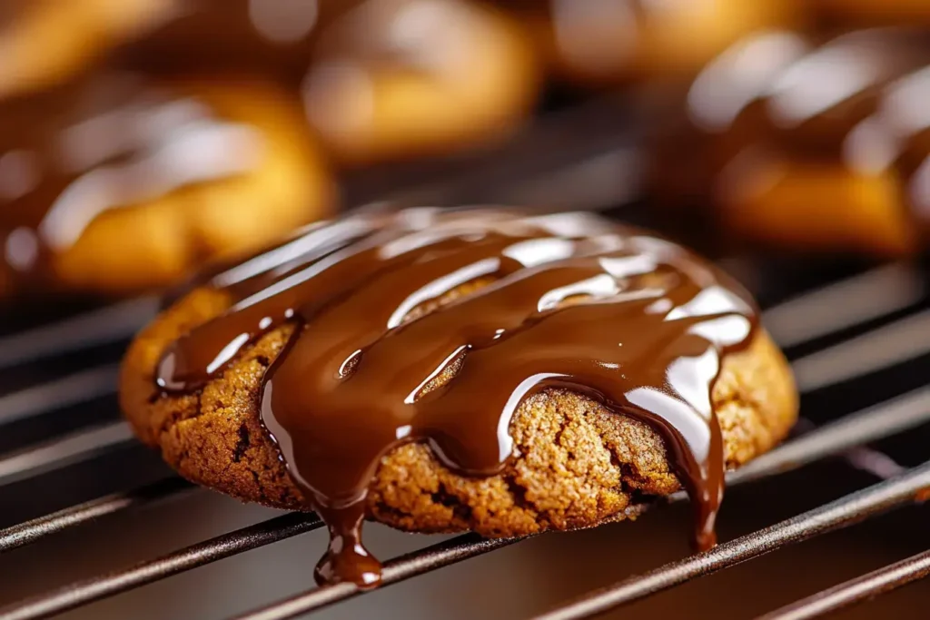 Espresso Glaze Dripping Smoothly Over A Pumpkin Cookie, Creating A Glossy Finish