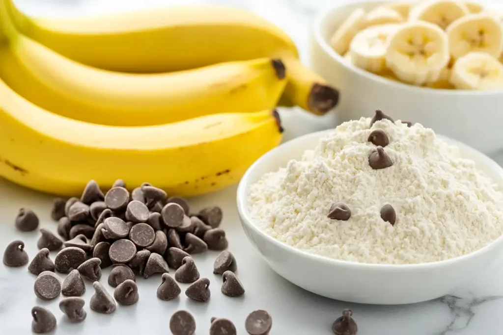 Flat Lay Of Bananas, Condensed Milk, And Flour For Banana Bread