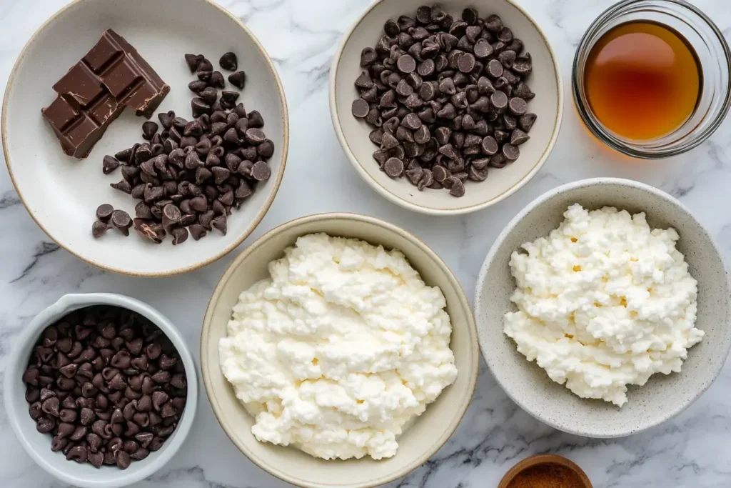 Flat Lay Of Ingredients Including Cottage Cheese, Dark Chocolate Chips, Maple Syrup, And Vanilla Extract On A Marble Countertop.