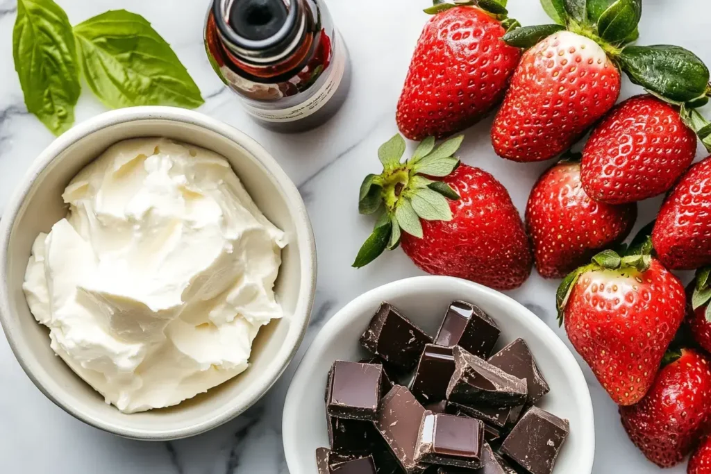 Fresh Strawberries, Mascarpone Cheese, Dark Chocolate Chunks, And Balsamic Glaze On A Marble Countertop