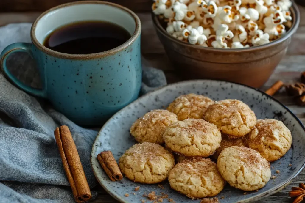 Gilmore Girls Inspired Coffee Cake Cookies Served With Black Coffee, Earl Grey Tea, And Cinnamon Sugar Popcorn For The Perfect Pairing