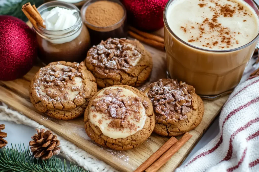 Gingerbread Coffee Cake Cookies Served With Festive Holiday Drinks And Desserts, Including Spiced Apple Cider, Eggnog, Chai Tea, And Vanilla Ice Cream.