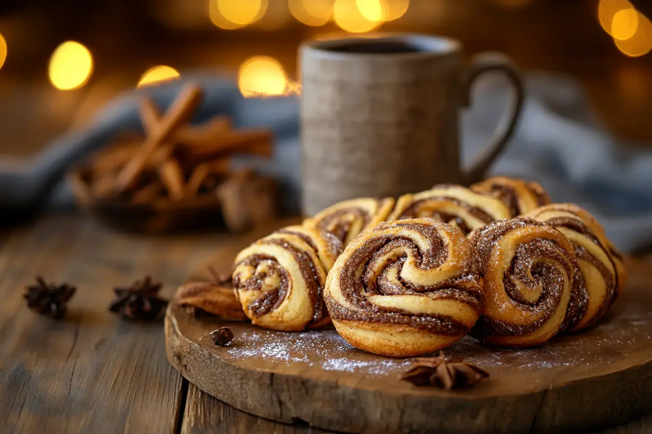 Golden Babka Cookies With Chocolate Swirls Placed On A Wooden Table With A Mug Of Spiced Cider