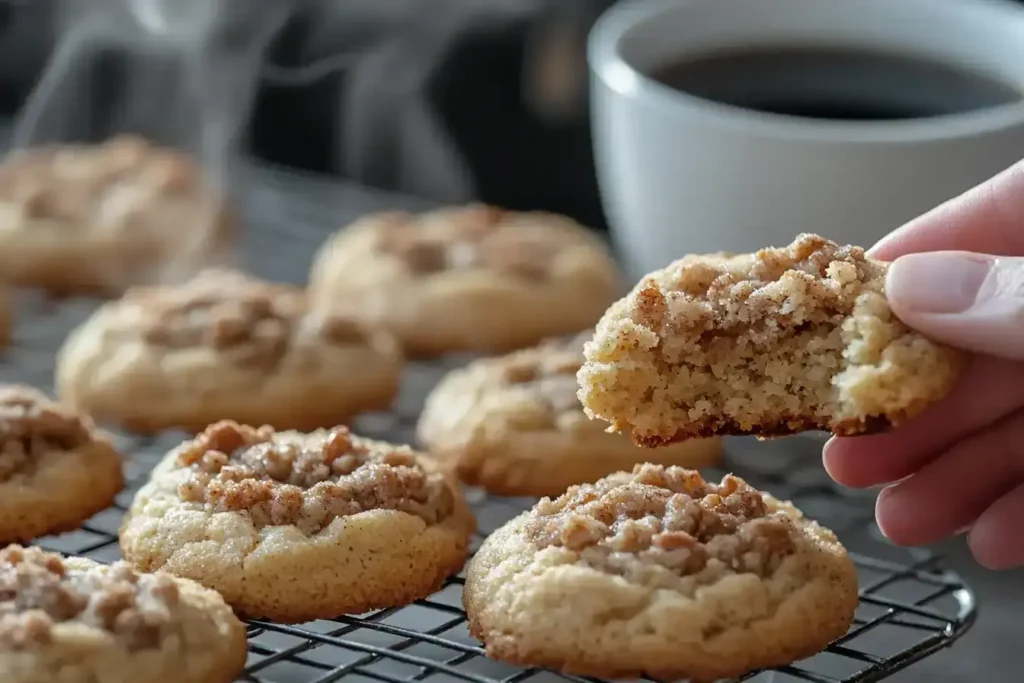 Golden Brown Coffee Cake Cookies With Crispy Streusel, Served With A Cup Of Steaming Black Coffee.