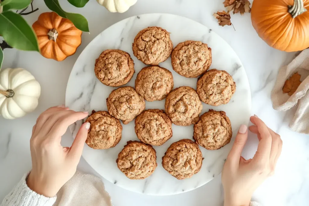 Hands Reaching For Pumpkin Coffee Cake Cookies On A White Marble Platter, Surrounded By Fall Themed Decor.