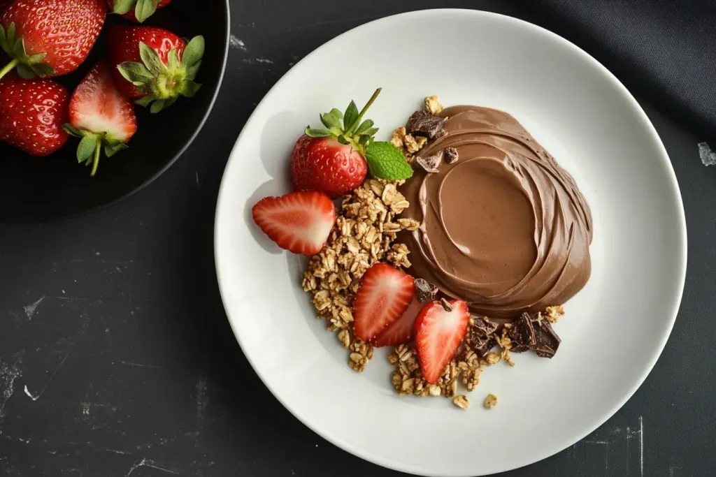 Healthy Chocolate Mousse Served With Berries, Granola, And Coffee.