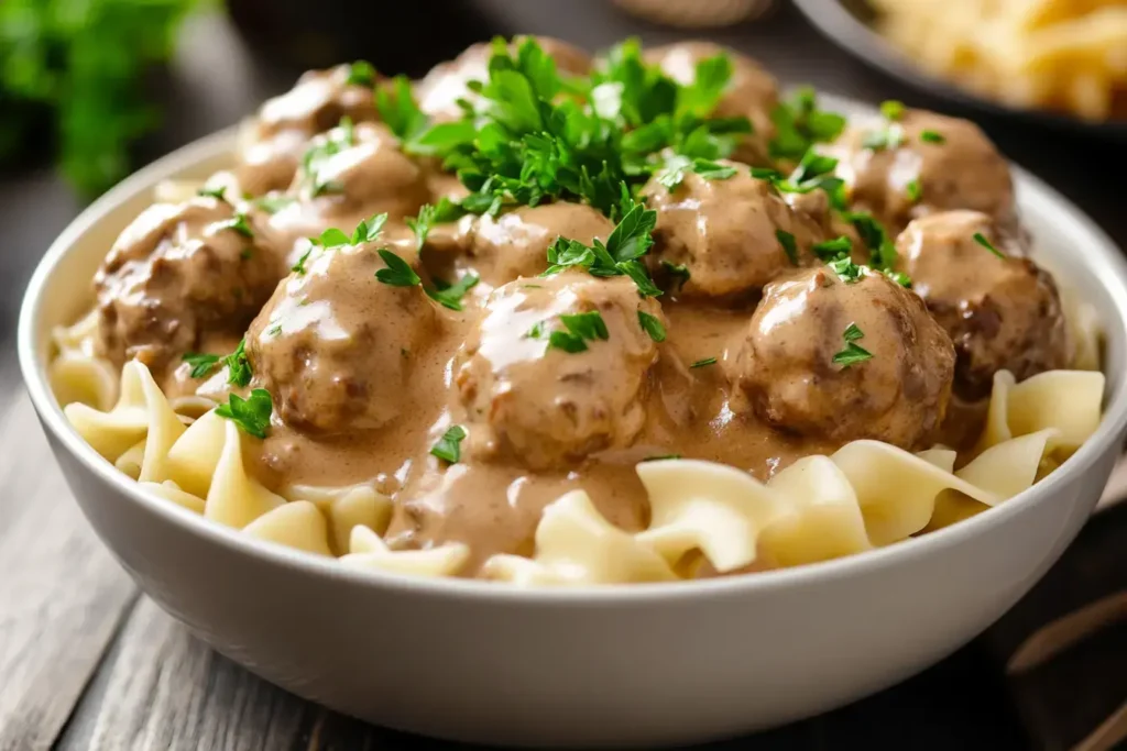 Hearty Beef Stroganoff Meatballs With Rich Sauce.