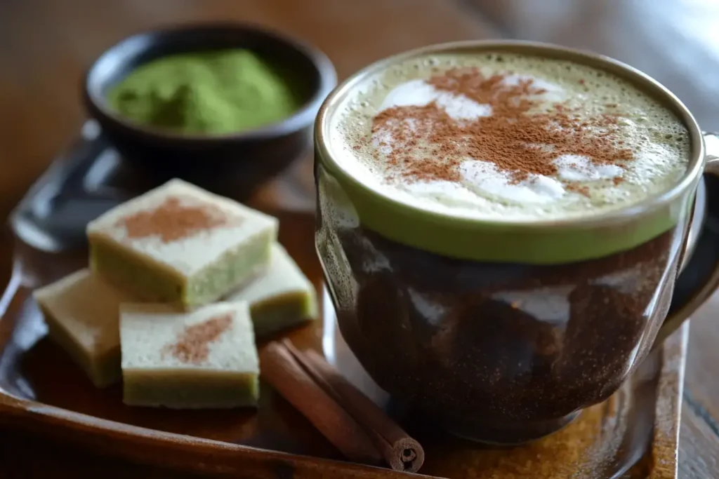 Hojicha Latte With Added Cinnamon And Smoked Sea Salt, Paired With Matcha Cookies.