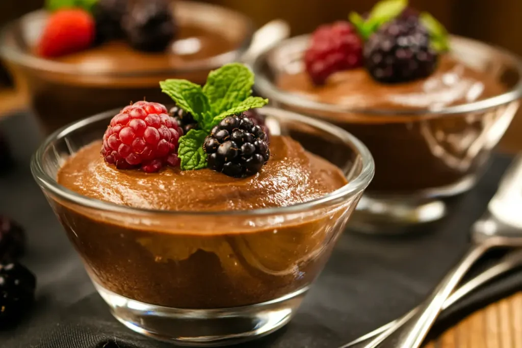 Individual Servings Of Rich Chocolate Mousse In Glass Ramekins