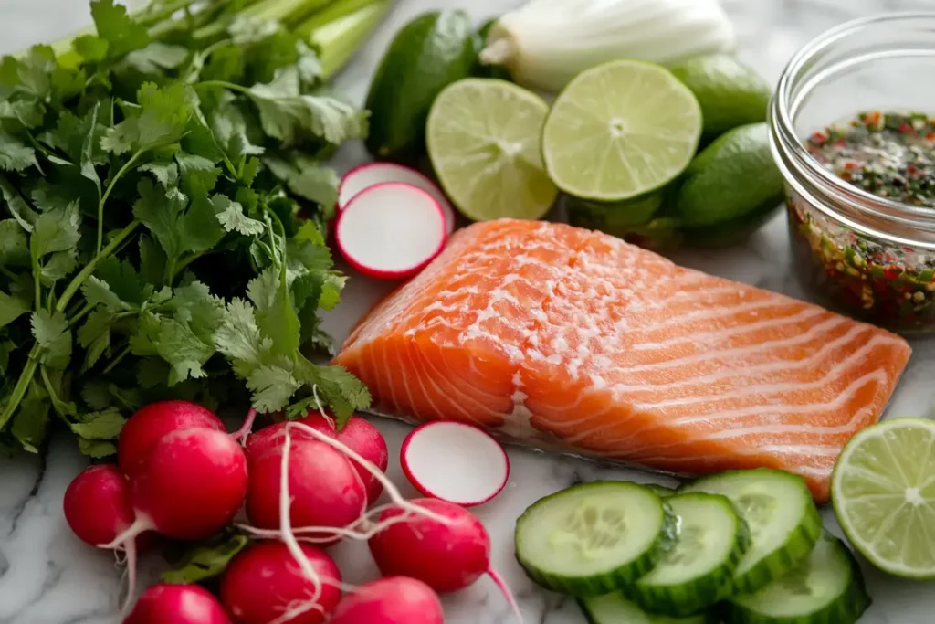 Ingredients For Grilled Salmon Salad Including Salmon, Limes, And Herbs.