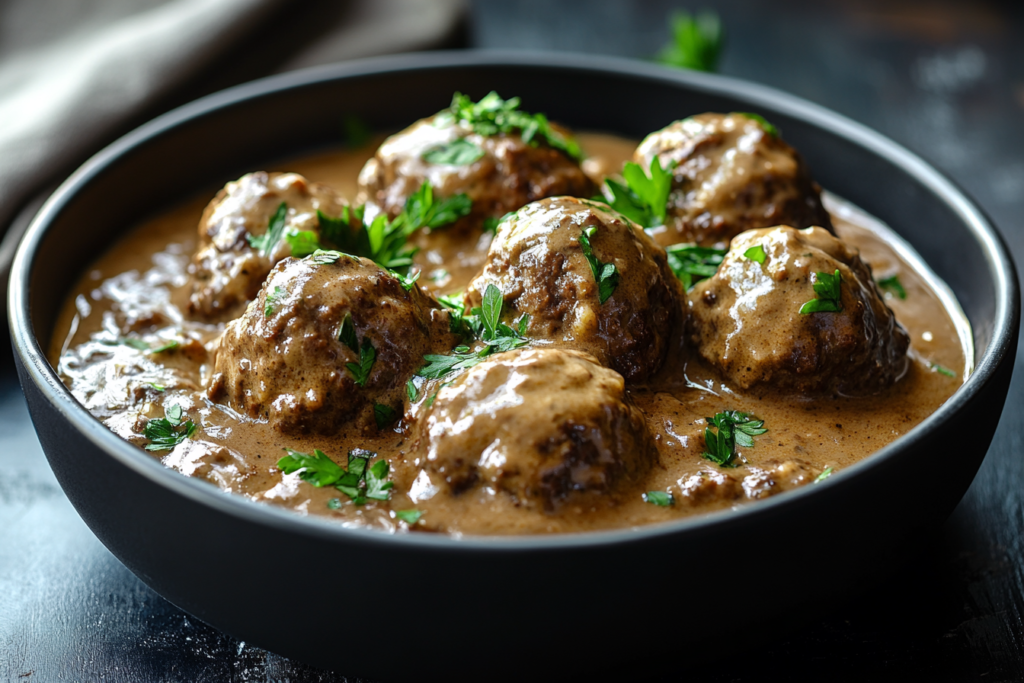 Juicy Beef Stroganoff Meatballs With A Rich, Velvety Sauce.