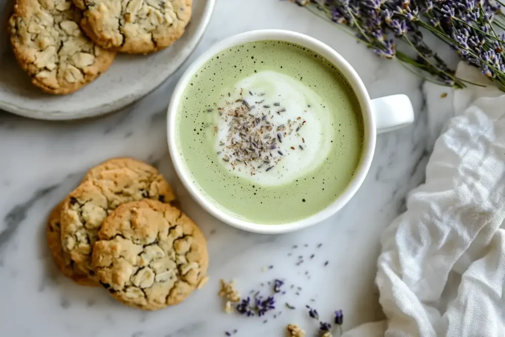 Lavender Matcha Latte Served With A Side Of Cookies