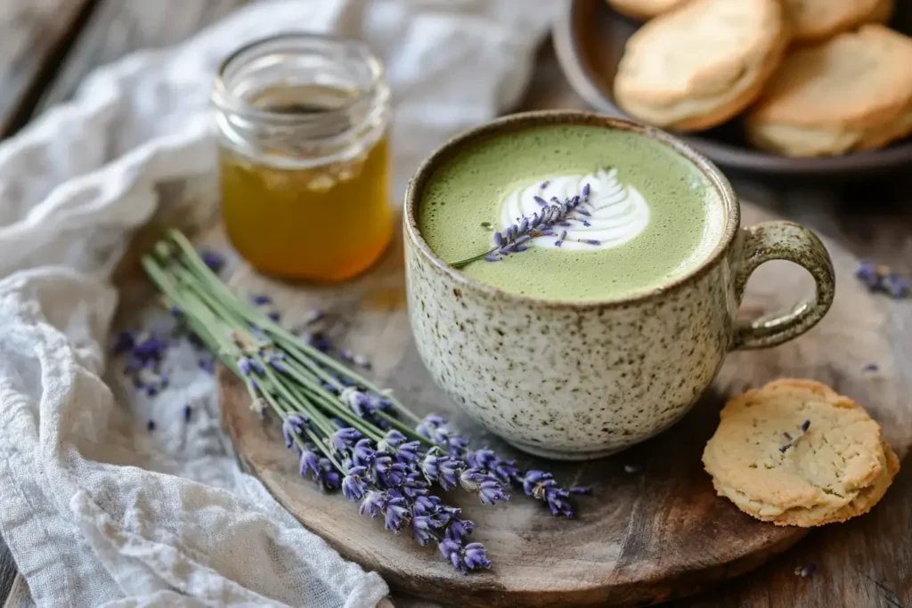 Lavender Matcha Latte With Shortbread And Lavender Syrup, Showing Optional Variations.