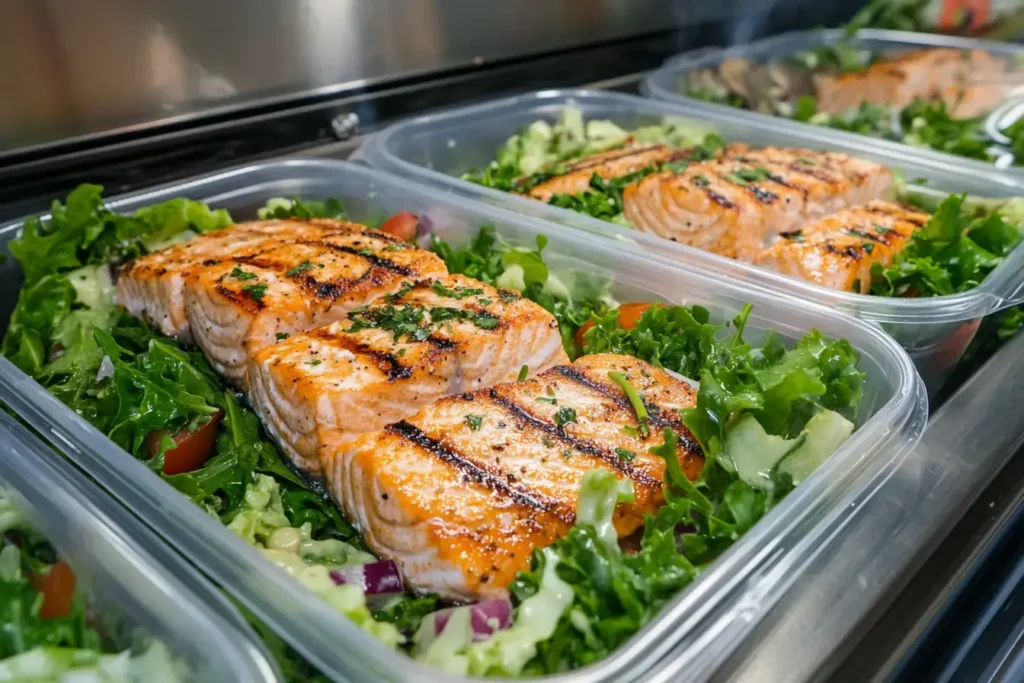 Meal Prepped Grilled Salmon Salad Stored In Containers.