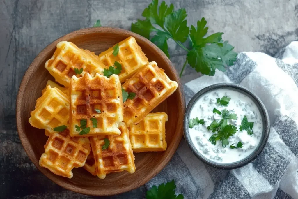 Mini Waffles Served With Yogurt Dip