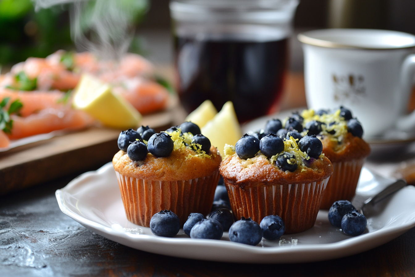 Mini Blueberry Muffins Paired With Honey Lemon Greek Yogurt, Earl Grey Tea, And Smoked Salmon Scramble.