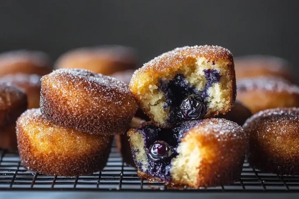 Mini Blueberry Muffins With A Golden, Sugar Crusted Top And Juicy Berries Inside.