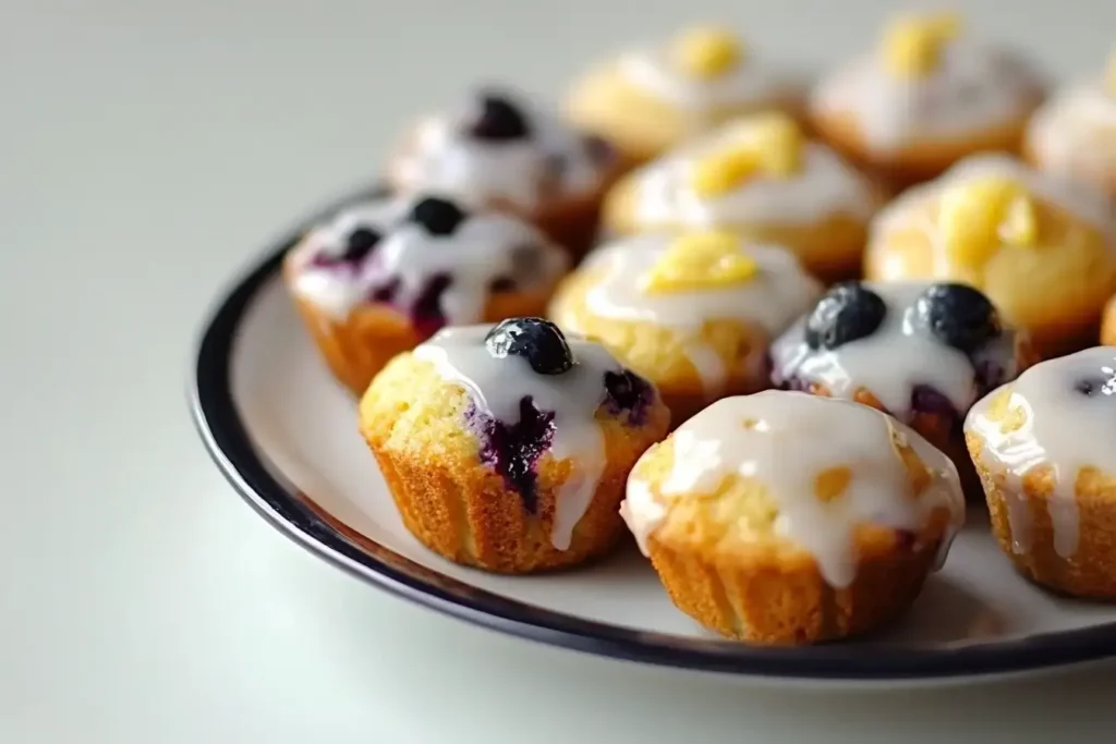 Mini Blueberry Muffins With A Lemon Glaze And Different Variations Of The Recipe.