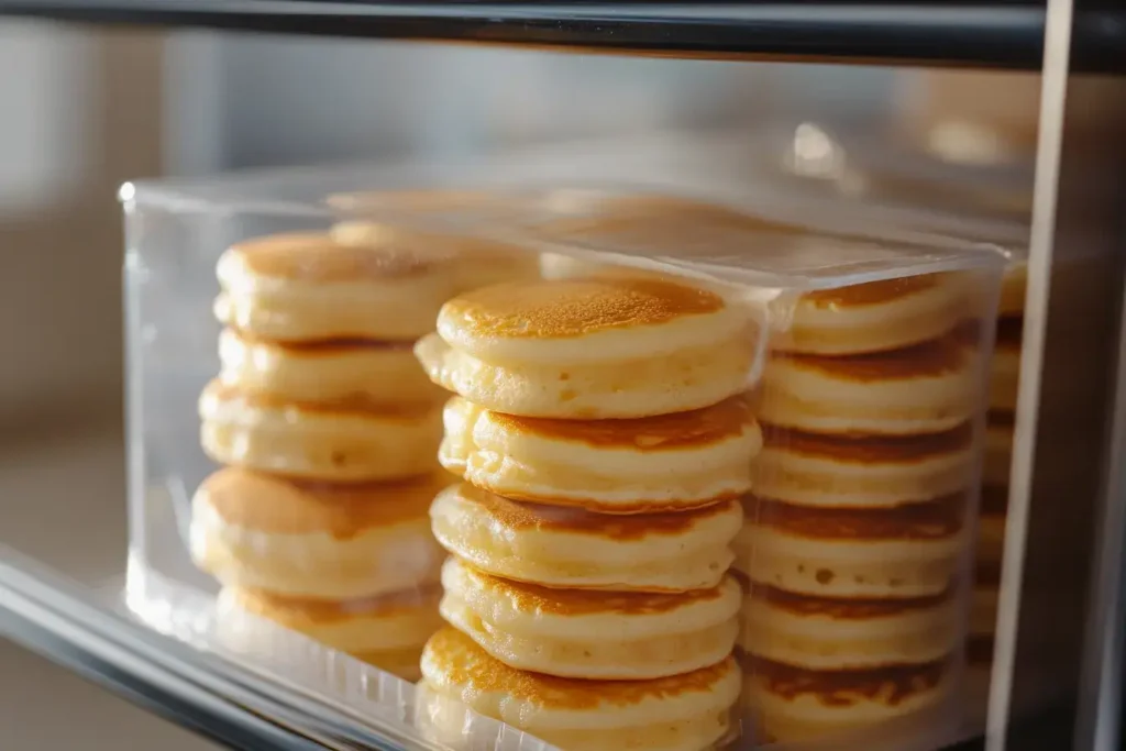 Mini Pancakes Stored In A Container In The Fridge For Later Use.