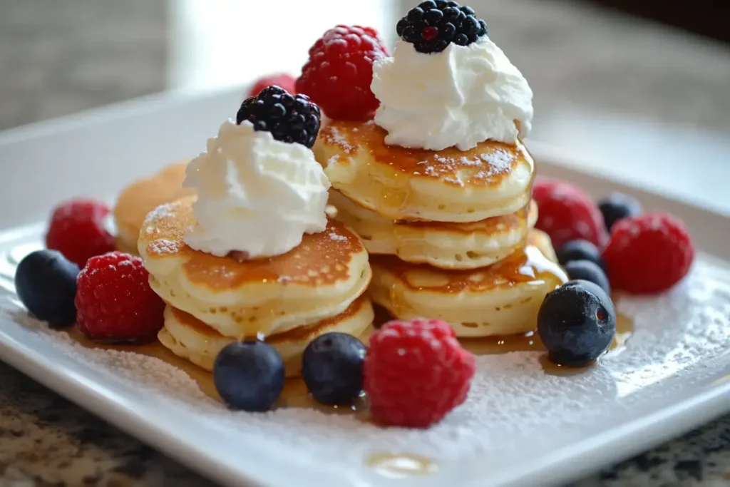 Mini Pancakes With Berries And Syrup In A Modern Kitchen Style