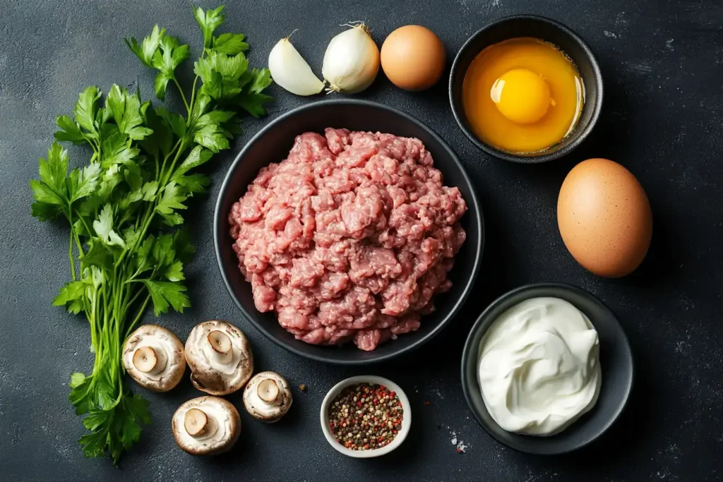 Raw Ground Beef And Key Ingredients For Beef Stroganoff Meatballs.