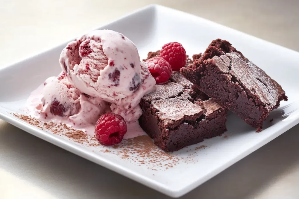 Red Velvet Cake Ice Cream Served With Warm Brownie Wedges For A Perfect Dessert Pairing