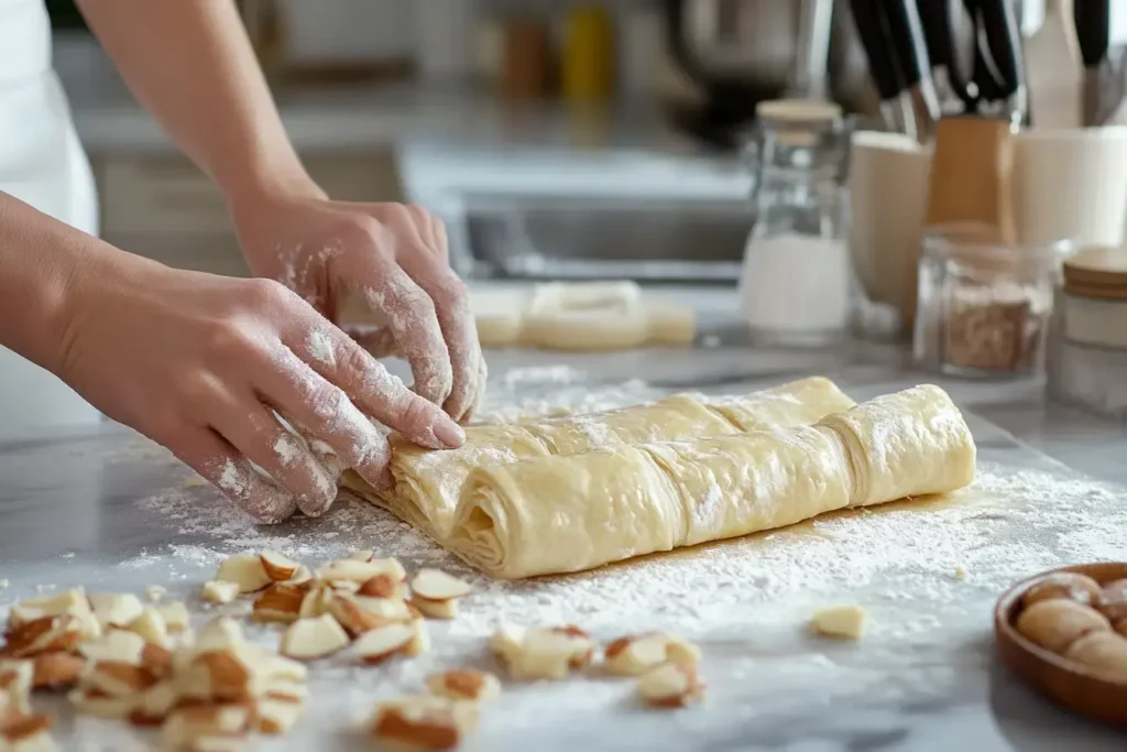 Rolling Puff Pastry And Spreading Almond Paste For Cookies In A Modern Kitchen.