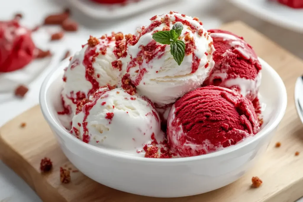 Scoop Of Vibrant Red Velvet Cake Ice Cream With Visible Cake Chunks In A White Bowl