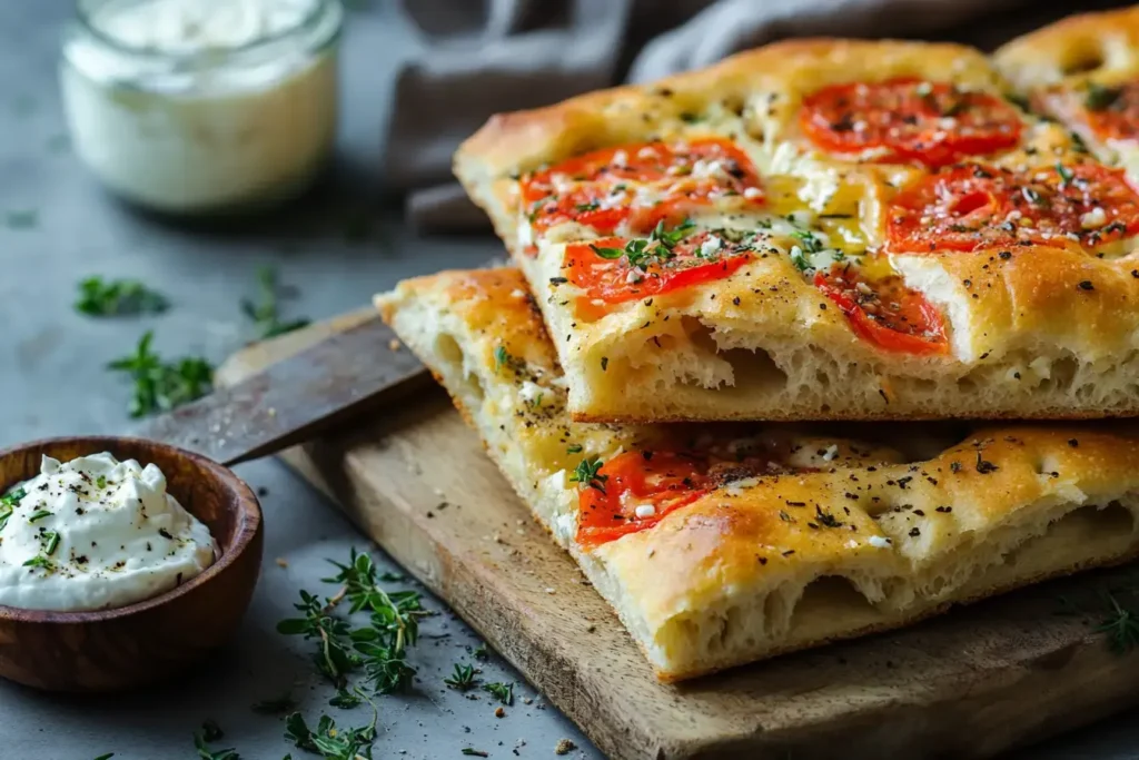 Sliced Tomato Focaccia Served Alongside A Dip
