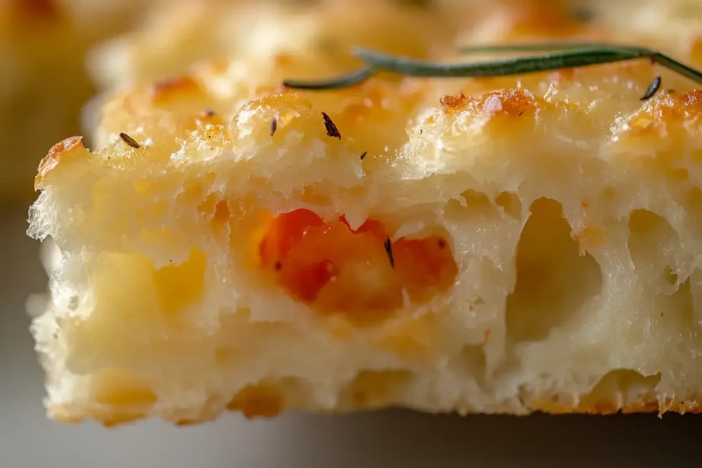 Soft Interior Of Homemade Tomato Focaccia With Crusty Edges.