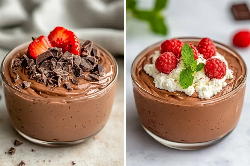 Split Screen Showing Keto Cottage Cheese Chocolate Mousse Garnished With Monk Fruit Sweetener Alongside Minimalist 2 Ingredient Cottage Cheese Chocolate Mousse