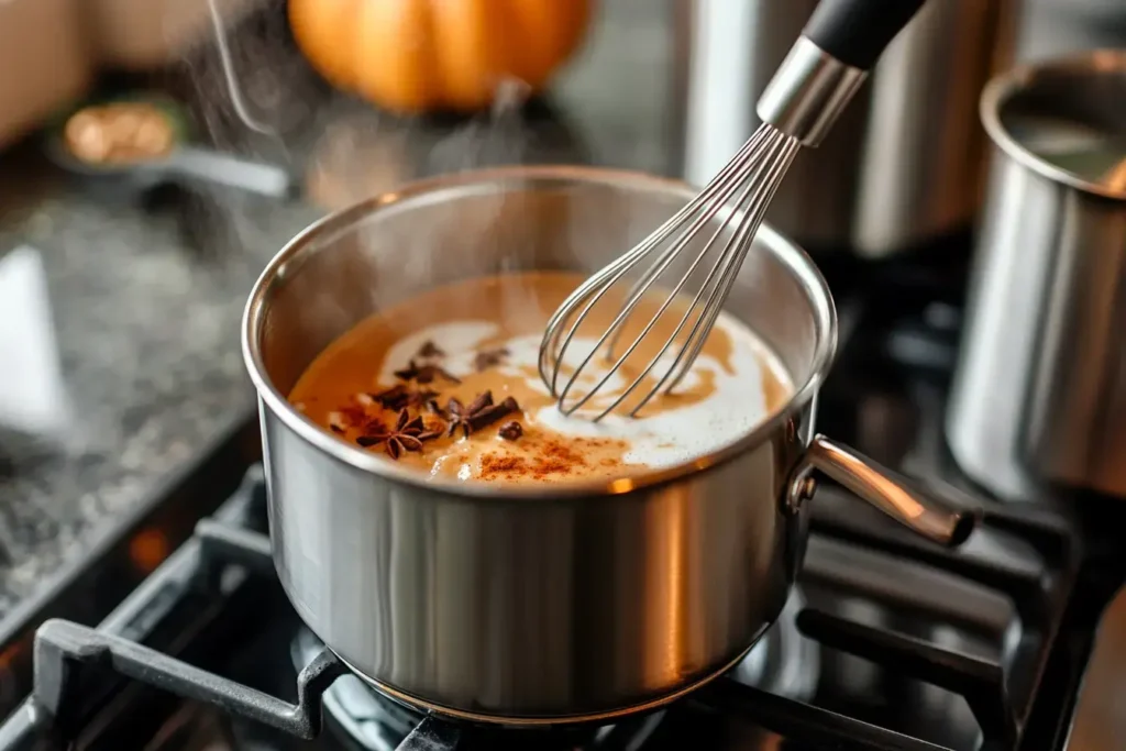 Step By Step Preparation Of A Pumpkin Spice Chai Latte In A Modern Kitchen.