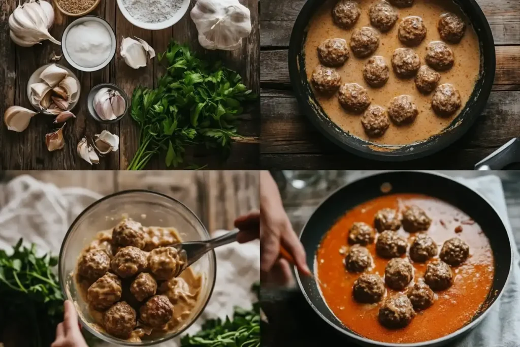 Step By Step Process Of Making Beef Stroganoff Meatballs.