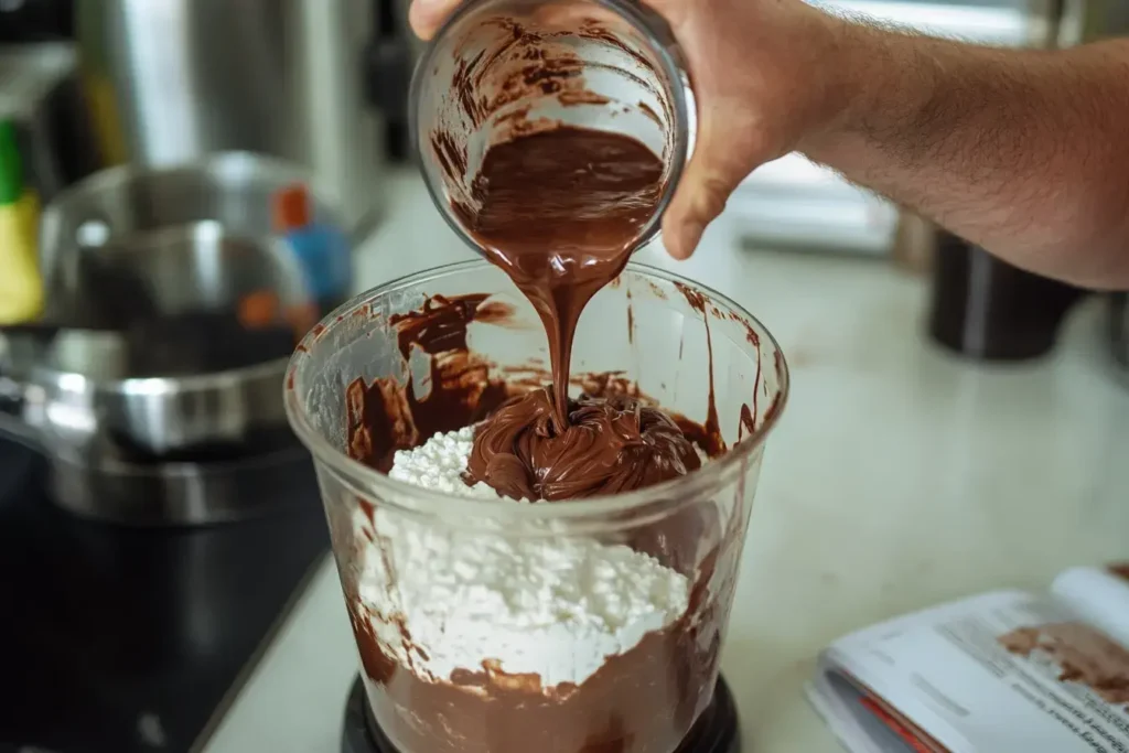 Step By Step Visuals Melting Chocolate In A Microwave Safe Bowl, Blending Ingredients In A High Speed Blender, And Ramekins Filled With Creamy Mousse Chilling In A Fridge.