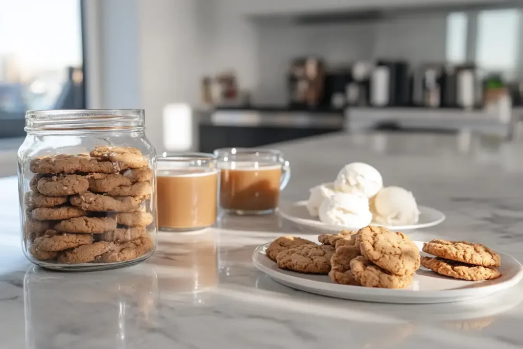 Stored Gingerbread Coffee Cake Cookies In A Glass Jar Alongside Festive Drinks And Dessert Pairings Like Vanilla Ice Cream Scoops.