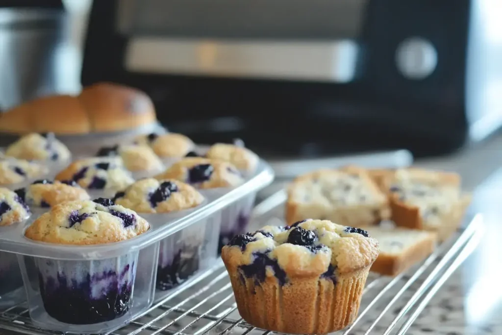 Storing Mini Blueberry Muffins In An Airtight Container With A Slice Of Bread, And Reheating In A Toaster Oven.
