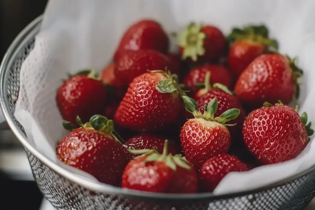 Strawberries Being Washed In A Colander And Dried With Paper Towels.