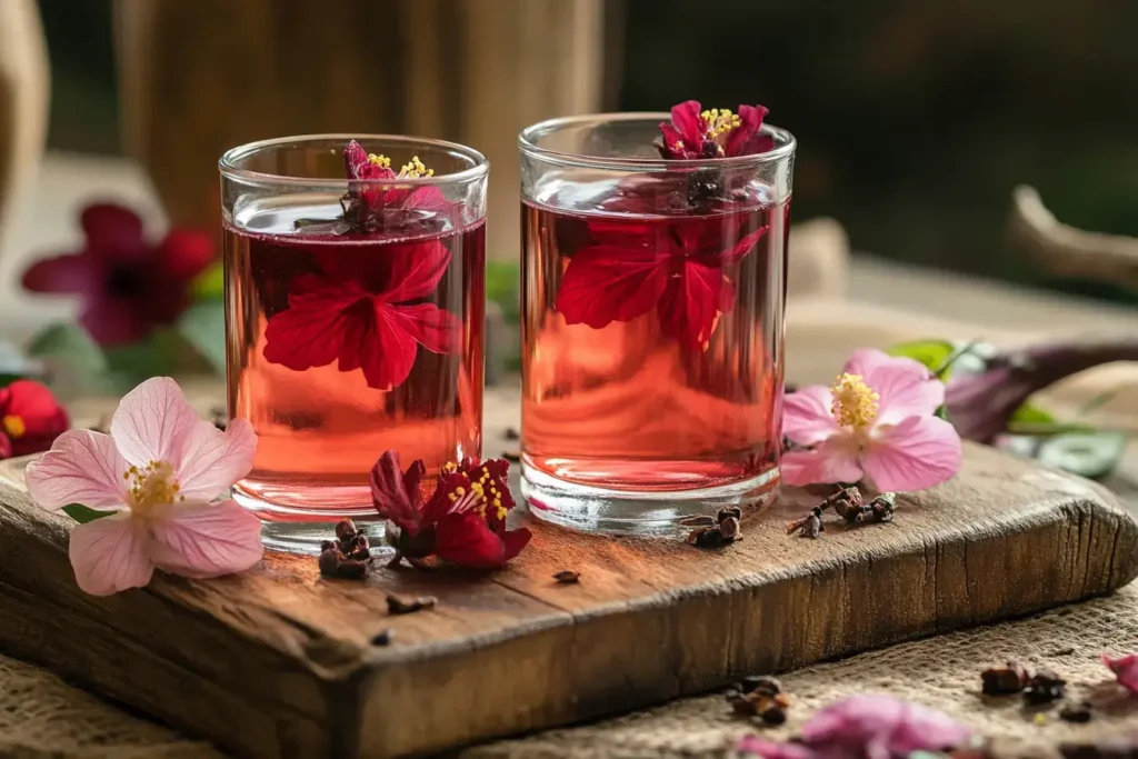 Three Spirit Herbal Elixir With Hibiscus And Schisandra In Two Glasses