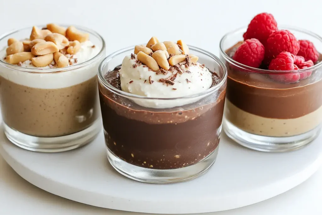 Three Variations Of Cottage Cheese Chocolate Mousse Spiced Chai Flavor With Cardamom Pods, Salted Caramel Swirls In Ramekins, And Pb&j Layers With Raspberries And Peanuts.
