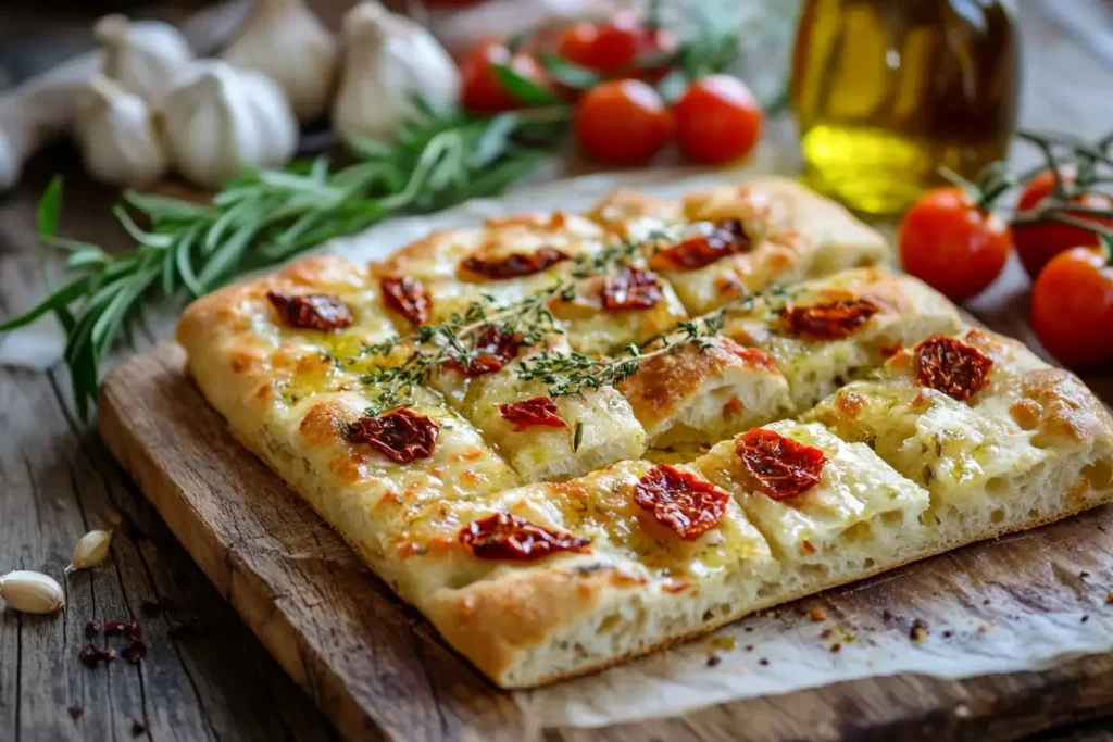 Tomato Focaccia Bread With Roasted And Sun Dried Tomatoes In Garlic Oil.